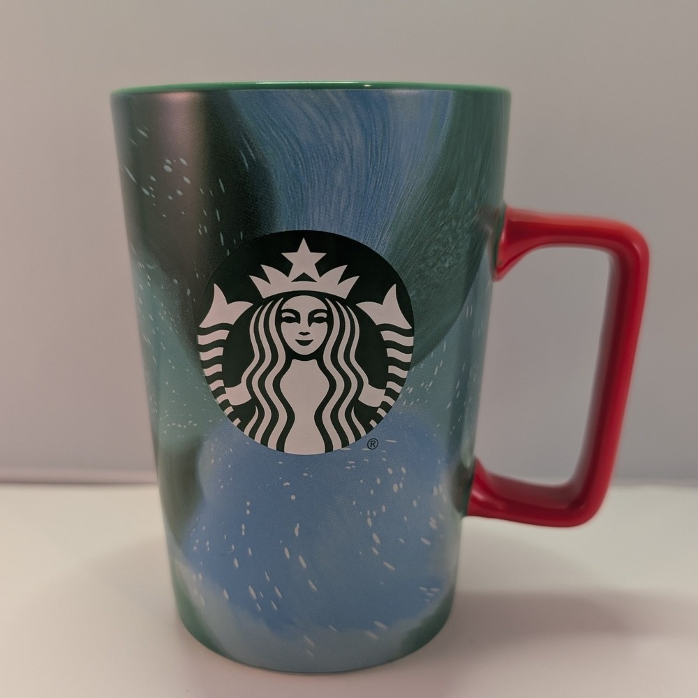 Starbucks 2024 Holiday Aurora Northern Lights Ceramic Mug 13oz Red Handle Green